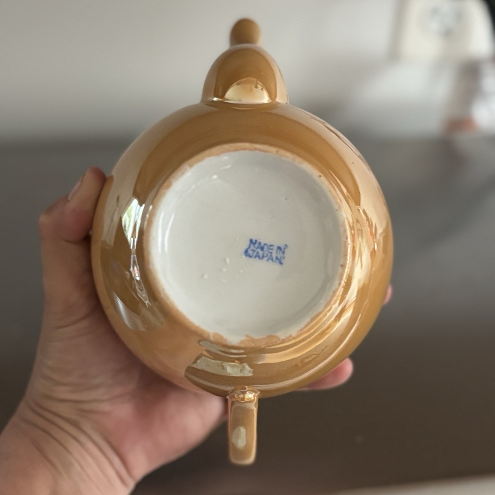 Vintage Orange Yellow Gold Luster ware Iridescent Teapot And Sugar Made In Japan - Picture 7 of 16